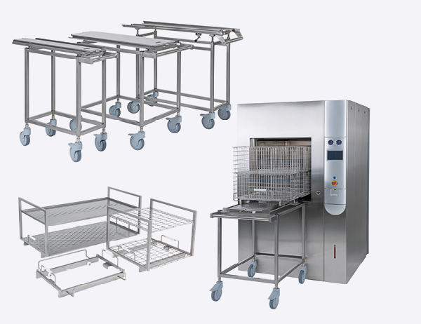 baskets and trays, carts, trolleys, shelves, and collars for pass-through laboratory autoclaves, autoclaves